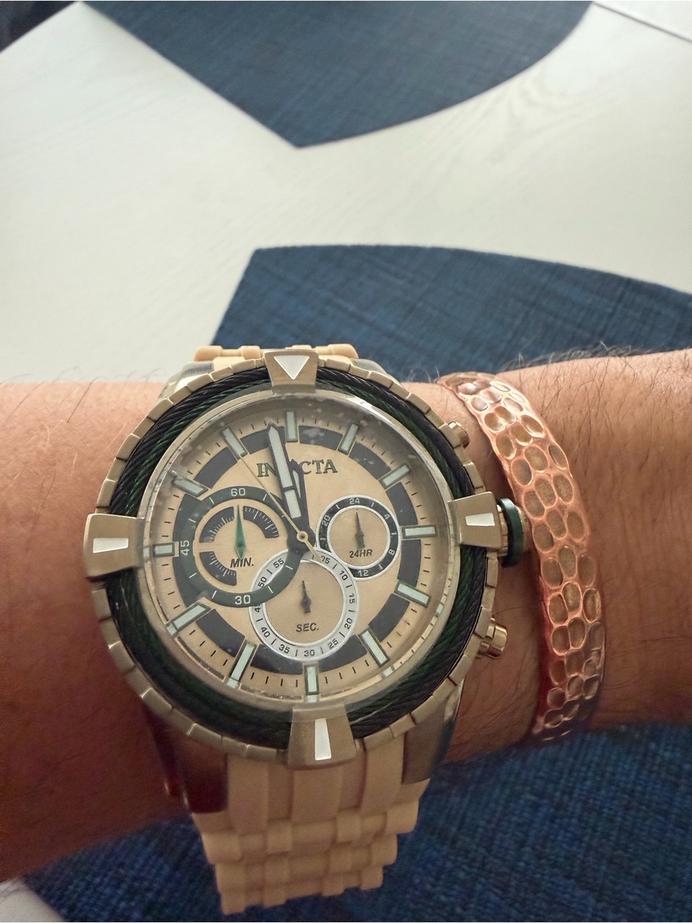 Invicta Beige Watch with Green Accent Chronograph